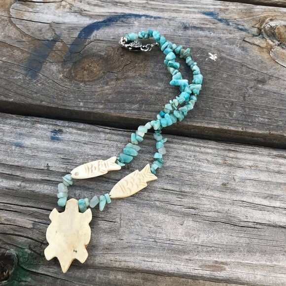 Southwestern Amazonite Gemstone Necklace Handmade Fish Pendant Silver Turtle - Picture 6 of 9